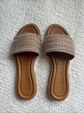 Italian Shoemakers Tan Slide Sandals with Multicolor Embellished Straps
